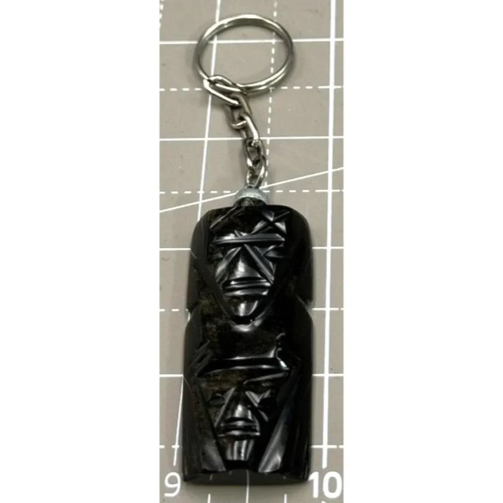 Carved Obsidian Aztec Mayan Tiki God Key Ring Pendant Figure